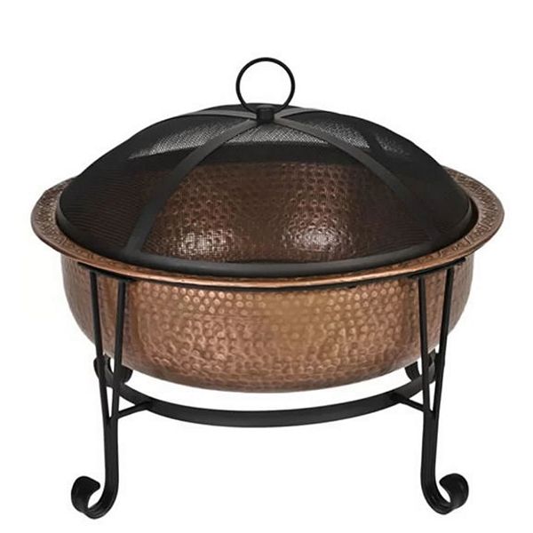 Hammered Copper 26-inch Fire Pit With Stand And Spark Screen