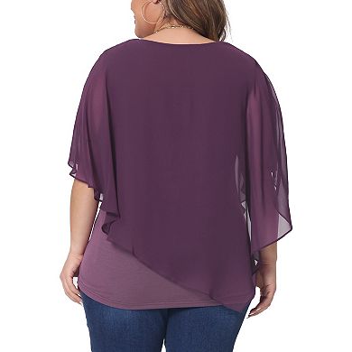 Plus Size Tops for Women V Neck Flowy Shirt Double Layered Chiffon Lightweight Blouse