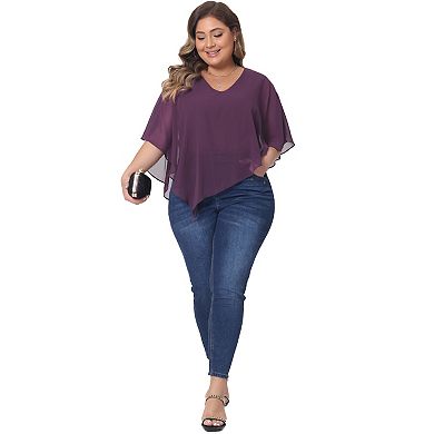 Plus Size Tops for Women V Neck Flowy Shirt Double Layered Chiffon Lightweight Blouse