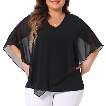 Plus Size Tops for Women V Neck Flowy Shirt Double Layered Chiffon Lightweight Blouse
