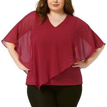 Plus Size Tops for Women V Neck Flowy Shirt Double Layered Chiffon Lightweight Blouse