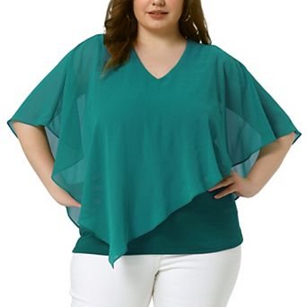 Plus Size Tops for Women V Neck Flowy Shirt Double Layered Chiffon Lightweight Blouse