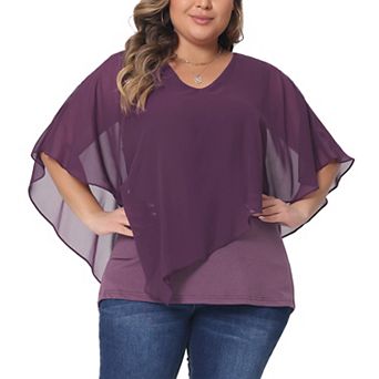 Plus Size Tops for Women V Neck Flowy Shirt Double Layered Chiffon Lightweight Blouse