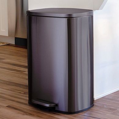 13 Gallon Black Stainless Steel Kitchen Trash Can With Step Open Lid