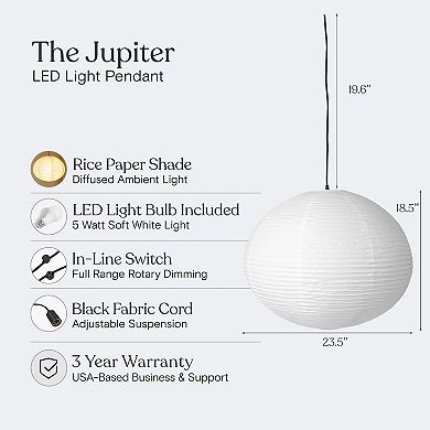 Brightech Jupiter Led Pendant Lamp - Japanese-inspired Round Rice Paper Hanging Light