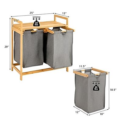 2 Bin Sliding Laundry Hamper with Storage Shelf and Removable Fabric Bags, Natural and Grey, 25 inch