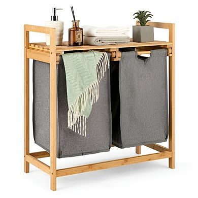 2 Bin Sliding Laundry Hamper with Storage Shelf and Removable Fabric Bags, Natural and Grey, 25 inch