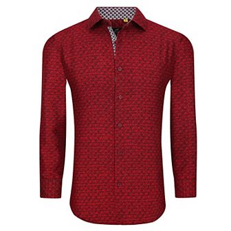 Azaro Uomo Men Slim Fit Four-way Stretch Geometric Long Sleeve Button Down