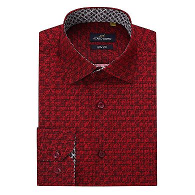 Azaro Uomo Men Slim Fit Four-way Stretch Geometric Long Sleeve Button Down