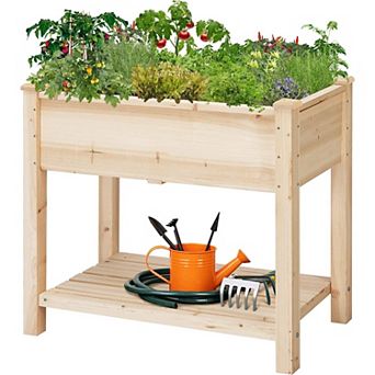 Solid Wood 2 tier Raised Garden Bed Planter Bed With Bottom Storage Shelf
