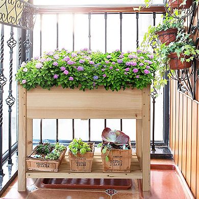 Solid Wood 2-tier Raised Garden Bed Planter Bed With Bottom Storage Shelf