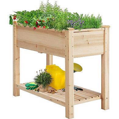 Solid Wood 2-tier Raised Garden Bed Planter Bed With Bottom Storage Shelf