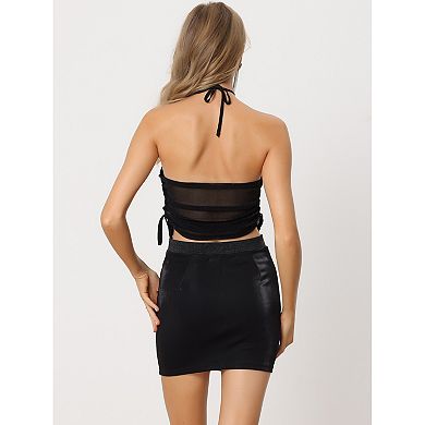 Glitter Crop Top For Women Tie Neck Sleeveless Sheer Club Party Tops