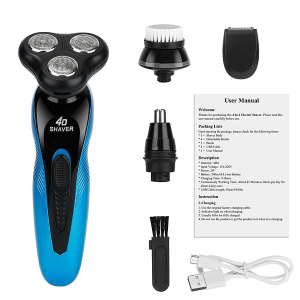 Men's, Blue, 4 In 1 Electric Shaver With Ipx7 Waterproof Design