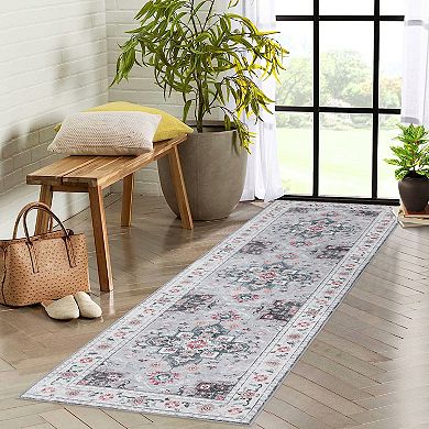 Glowsol Vintage Oriental Floral Rug Washable Soft Low Pile Throw Carpet