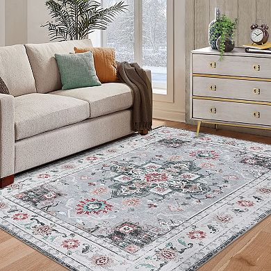 Glowsol Vintage Oriental Floral Rug Washable Soft Low Pile Throw Carpet