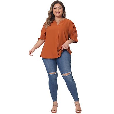 Plus Size Top for Women Notched V Neck Puff Short Sleeve Blouse Tops