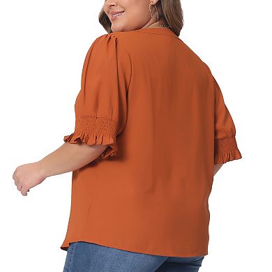 Plus Size Top for Women Notched V Neck Puff Short Sleeve Blouse Tops