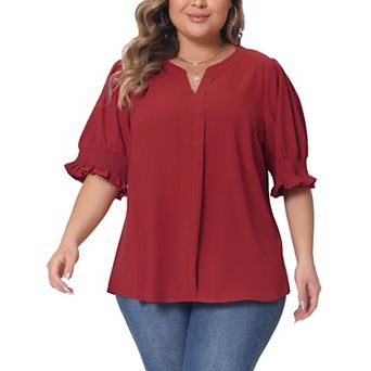 Plus Size Top for Women Notched V Neck Puff Short Sleeve Blouse Tops
