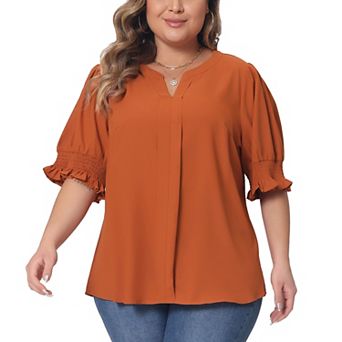 Plus Size Top for Women Notched V Neck Puff Short Sleeve Blouse Tops