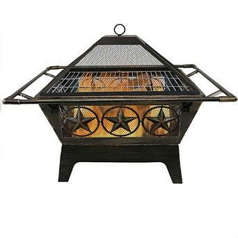 32-Inch Square Wood Burning Fire Pit with Star Cutout Design and Spark Screen, Bronze