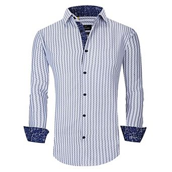 Azaro Uomo Men Slim Fit Four-way Stretch Geometric Long Sleeve Button Down