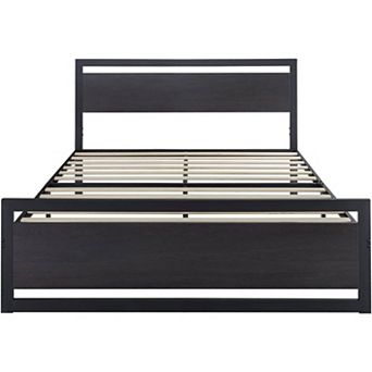 Queen Black Metal Platform Bed Frame With Wood Panel Headboard And Footboard