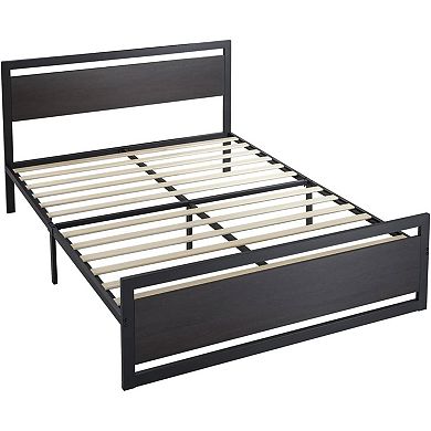 Queen Black Metal Platform Bed Frame With Wood Panel Headboard And Footboard