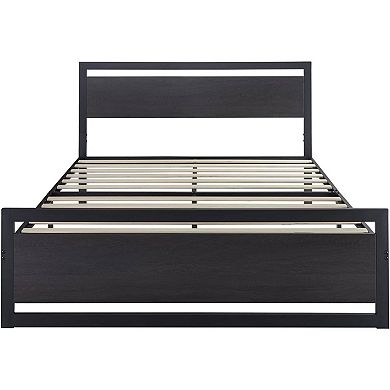 Queen Black Metal Platform Bed Frame With Wood Panel Headboard And Footboard