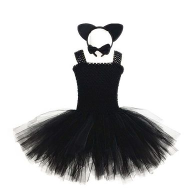 Children's Halloween Solid Color Cat Costume Mesh Tutu Dress & 1-piece Jewelry Sets