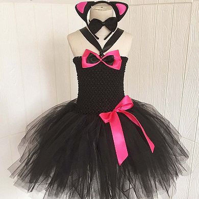 Children's Halloween Solid Color Cat Costume Mesh Tutu Dress & 1-piece Jewelry Sets