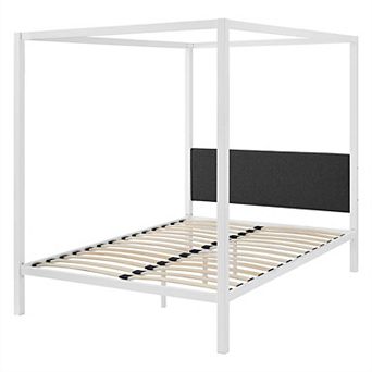 Queen Size White Metal Canopy Bed Frame With Grey Fabric Upholstered Headboard