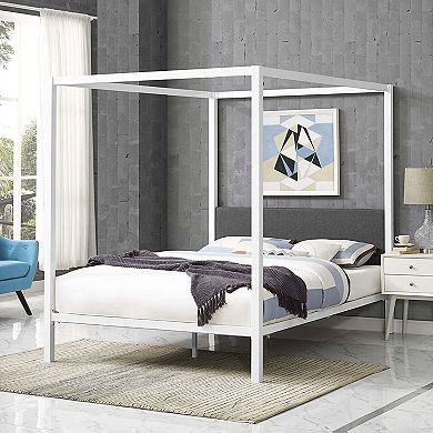 Queen Size White Metal Canopy Bed Frame With Grey Fabric Upholstered Headboard