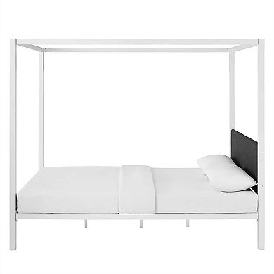 Queen Size White Metal Canopy Bed Frame With Grey Fabric Upholstered Headboard