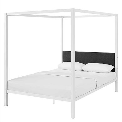 Queen Size White Metal Canopy Bed Frame With Grey Fabric Upholstered Headboard