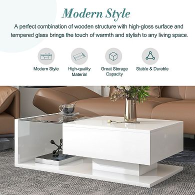 F.C Design Modern Coffee Table with Tempered Glass, Wooden Cocktail Table