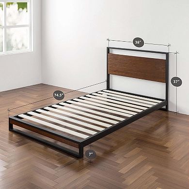 Twin Size Metal Wood Platform Bed Frame With Headboard