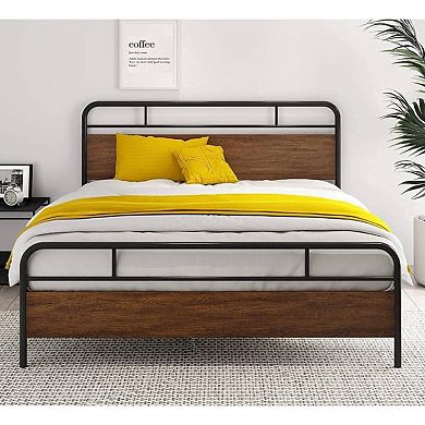 Queen Size Industrial Metal Wood Platform Bed Frame With Headboard And Footboard