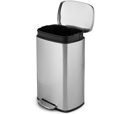 Rectangular 13-Gallon Stainless Steel Kitchen Trash Can with Foot Pedal and Soft-Close Lid