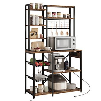 Bakers Rack with Power Outlet, Microwave Stand with 2 Wire Drawer