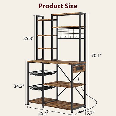 Bakers Rack with Power Outlet, Microwave Stand with 2 Wire Drawer