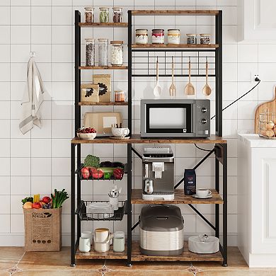 Bakers Rack with Power Outlet, Microwave Stand with 2 Wire Drawer