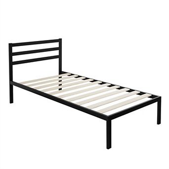 Twin Modern Metal Platform Bed Frame With Headboard And Wood Slats