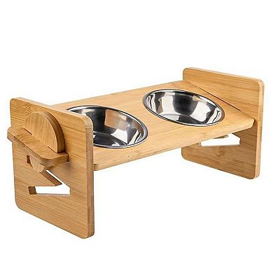 Bamboo Double Dog Bowls With Adjustable Heights For Elevated Feeding