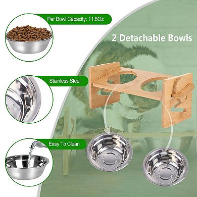 Bamboo Double Dog Bowls With Adjustable Heights For Elevated Feeding