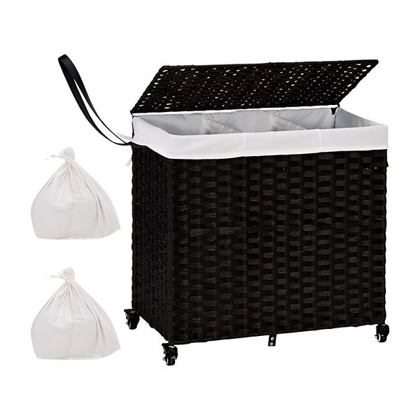 Black 3 Bin Linen Lined On Wheels Rattan Laundry Hamper