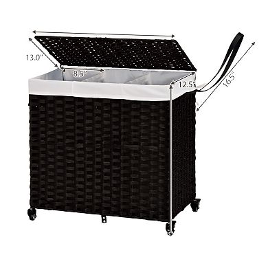 Black 3 Bin Linen Lined On Wheels Rattan Laundry Hamper