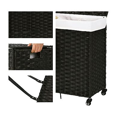 Black 3 Bin Linen Lined On Wheels Rattan Laundry Hamper