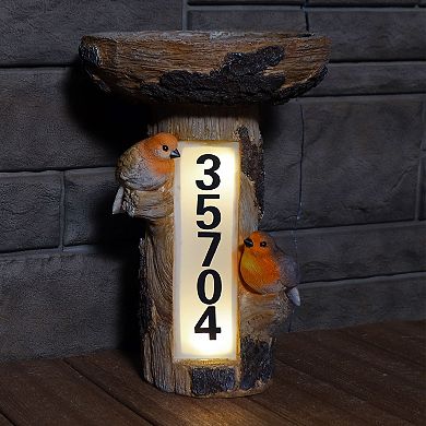 Sunnydaze Staked Country Tree Stump Bird Bath With Solar Address Plate