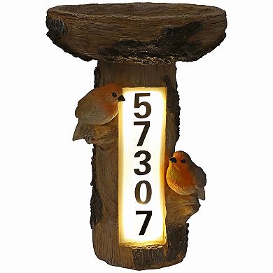 Sunnydaze Staked Country Tree Stump Bird Bath With Solar Address Plate